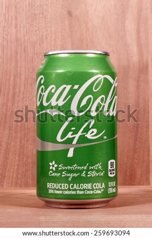 RIVER FALLS,WISCONSIN-MARCH 10,2015: A can of Coca-Cola Lite. This soda has thirty five percent fewer calories than regular Coca-Cola.