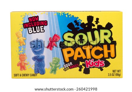 RIVER FALLS,WISCONSIN-MARCH 13,2015: A box of Sour Patch soft and chewy candy. This candy starts out sour and then turns sweet.