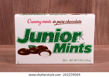 RIVER FALLS,WISCONSIN-MARCH 20,2015: A box of Junior Mints candy. This candy is produced by Tootsie Roll Industries.