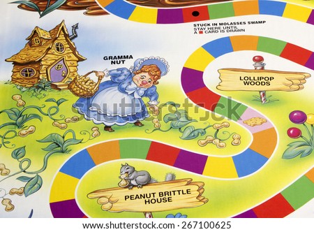 RIVER FALLS,WISCONSIN-APRIL 6,2015: A section of the Candy Land game board featuring Gramma Nut. Candy Land was first published in Nineteen Forty Nine.