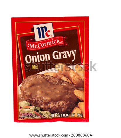 RIVER FALLS,WISCONSIN-MAY 24,2015: A packet of McCormick brand Onion Gravy mix. McCormick and Company is headquartered in Sparks,Maryland.