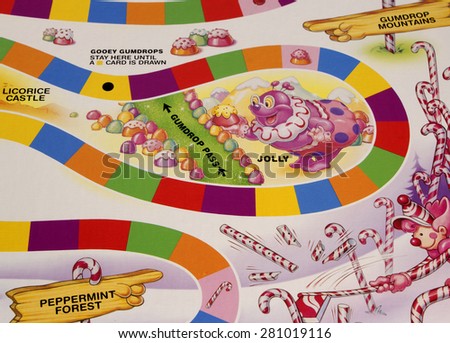 RIVER FALLS,WISCONSIN-MAY24,2015: A section of the Candy Land game board featuring Jolly the Clown. Candy Land was first published in Nineteen Forty Nine.