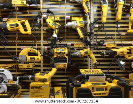 RIVER FALLS,WISCONSIN-AUGUST 24,2015: A display of numerous DeWALT power tools. DeWALT is headquartered in Baltimore,Maryland.