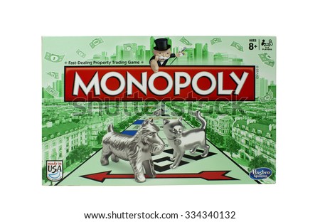 RIVER FALLS,WISCONSIN-NOVEMBER 01,2015: A Monopoly game box by Hasbro. Monopoly is a board game that originated in the United States in Nineteen Hundred and Three.