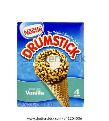 RIVER FALLS,WISCONSIN-NOVEMBER 19,2015: A box of Nestles Drumstick ice cream cones. Nestles is headquartered in Switzerland.