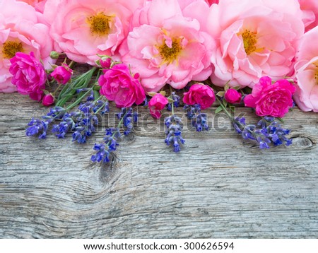 Pink curly open roses and provence lavender on the old weathered wooden board