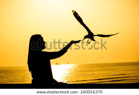 Silhouette for relax time of a girl  playing with a bird on sunset time at the beach,Focus in a young girl ,Blurry in a bird wings