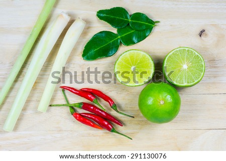ginger, lemograss, onion, lime leaves, chilli, lemon, Fresh herbs and spices asian ingredients food on wood bac kground , thai food.