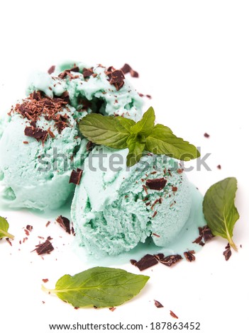 Mint ice cream with chocolate chips  isolated on white background