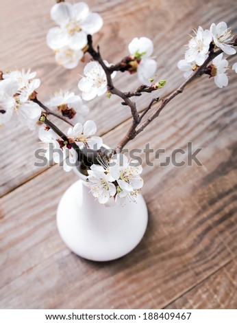 Apricot blooming brunches in the vase on the wooden table