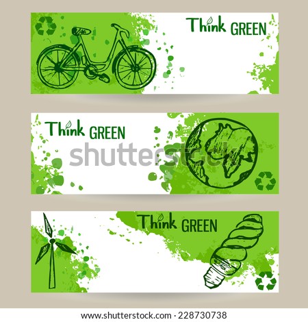 Set of three vector eco banners with green splashes and sketch style elements Set of three vector eco banners with green splashes and sketch style elements