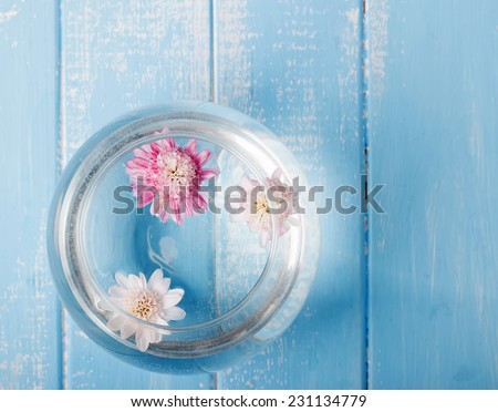Three cutted flowers floating in a glass vase, top view