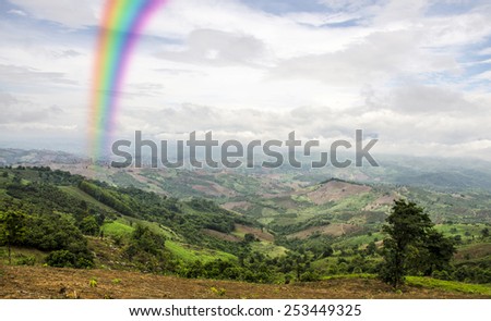 bird eyes view ,tropical mountain view landscape of north thailand with rainbows