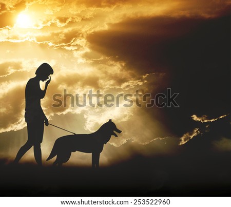 Leash dog walking in sunset sky