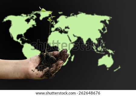 little plant with dirty mud on hand and world map  background