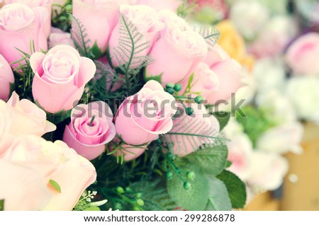 Pink and white roses background, shallow depth of field and process in vintage style