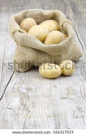 Raw potatoes in burlap bag on wooden background