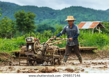 Walking tractor - Thailand rice planting season has started-Lampang province Thailand-country July 22 2015