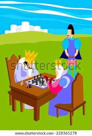 Two kings playing chess in the royal yard.  Kings playing chess