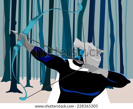 An illustration of archer hunting in the woods, aiming and preparing to release the string that is drawn back, to shoot his victim.  Warrior Archer hunting in the forest