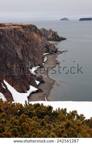 Shore of the sea of Okhotsk. Spring, Peninsula Taigonos, Magadan region, Siberia, far East, Russia,