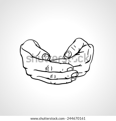 Line art drawing hands, cupped palms, save gesture
