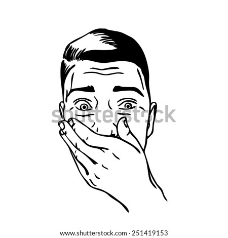 Portrait of surprised or amazed man covering his mouth with one hand. Hand drawn illustration black on white background