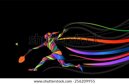 Badminton sport invitation poster or flyer background with empty space, banner template. Abstract colorful badminton player on black background
