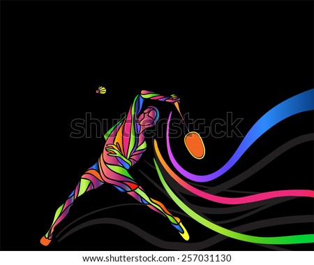 Badminton sport invitation poster or flyer background with empty space, banner template. Abstract colorful badminton player consists of curves on black background