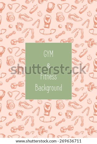 Fitness doodle hand drawn pattern. Sports, gym and training seamless vector background