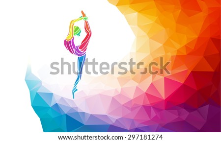 Creative silhouette of gymnastic girl. Art gymnastics, colorful vector illustration with background or sports banner template in trendy abstract colorful polygon style and rainbow back