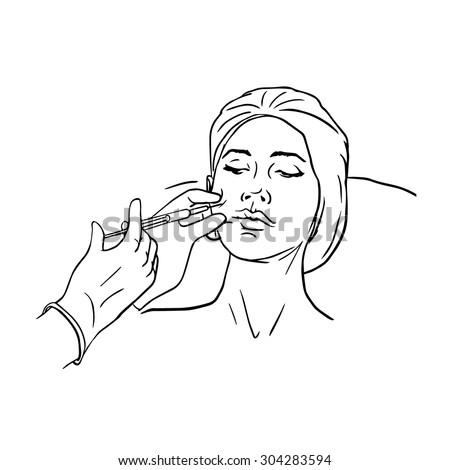 Cosmetic injection in the female face. Cheek zone. Botox injections. Vector black and white outline illustration