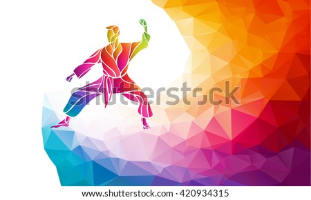 Martial arts jump kick color rainbow silhouette. Karate fighter