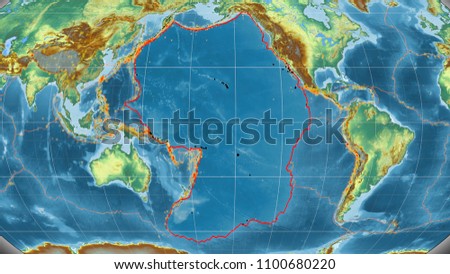 Pacific tectonic plate outlined on the global topographic relief map in the Kavrayskiy projection