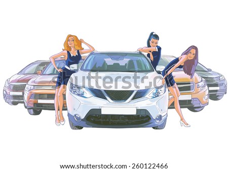 Three women near the white car and four cars behind of them on the white background