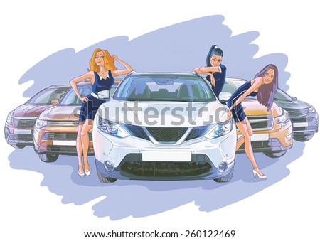 Three women near the white car and four cars behind of them on the violet background