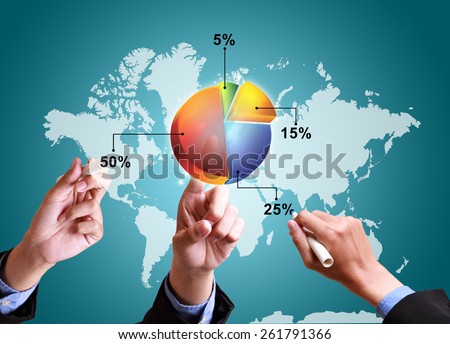 hands pushing strategy with pie chart diagram structure worldwide