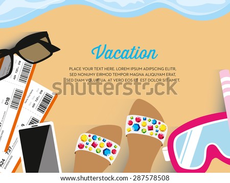 Mockup. travel elements on sand beach. Preparing for vacation. Booking vacation. design elements. Vector and illustration design.