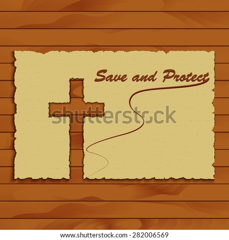 Vector image, christian cross carved out of the old paper on a wooden background for conceptual projects, for religion, greeting cards