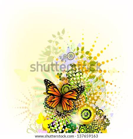 Flower summer abstraction with flowers and butterflies. Raster