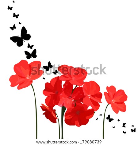 Red abstraction with flowers and butterflies. Raster