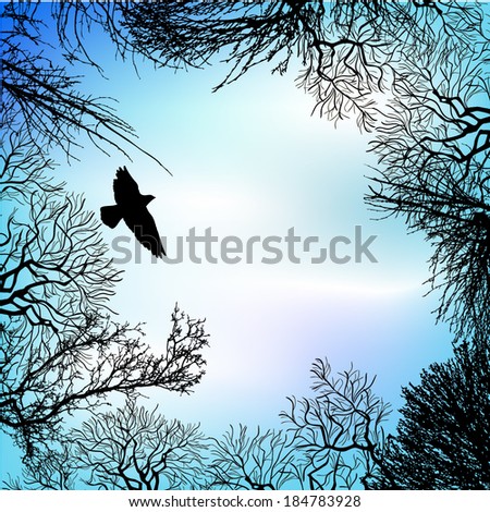 Flying birds on background tree branches. vector
