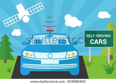 Selfdriving car with navigation sensor and satellite vector illustration