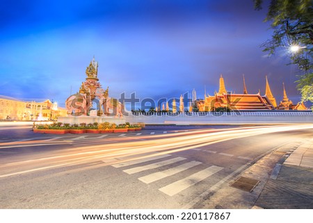 Temple of the Emerald Buddha- View from outside of the temple of emerald buddha at night with light trail.