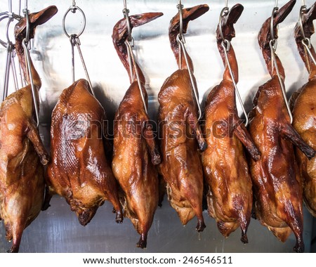 Beijing duck or roast ducks hanging