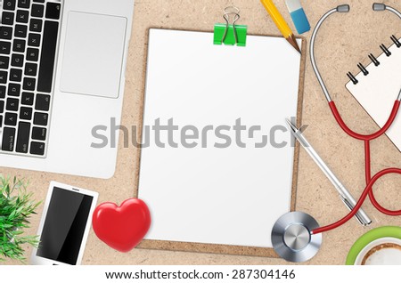 doctor office desk top view with blank clipboard