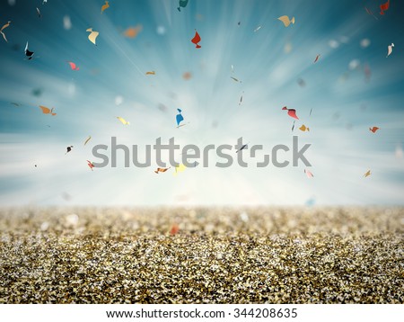 3d rendered gold glitter with confetti background