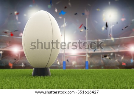 3d rendering rugby ball with rugby posts on field