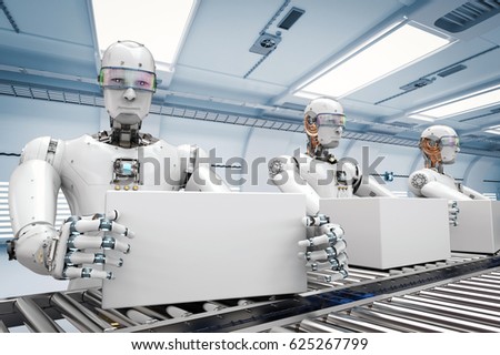 3d rendering robot working with white boxes on conveyor belt