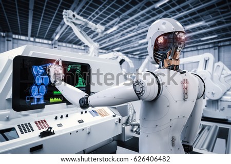3d rendering robot working with monitor in factory